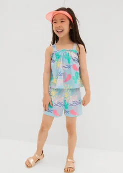 bonprix Mädchen 2-8 Jahre·Nachhaltigere Materialien|Mädchen 9-16 Jahre·Nachhaltigere Materialien|Top und kurze Hose (2-tlg.Set) aus reiner Bio-Baumwolle hellblau bedruckt