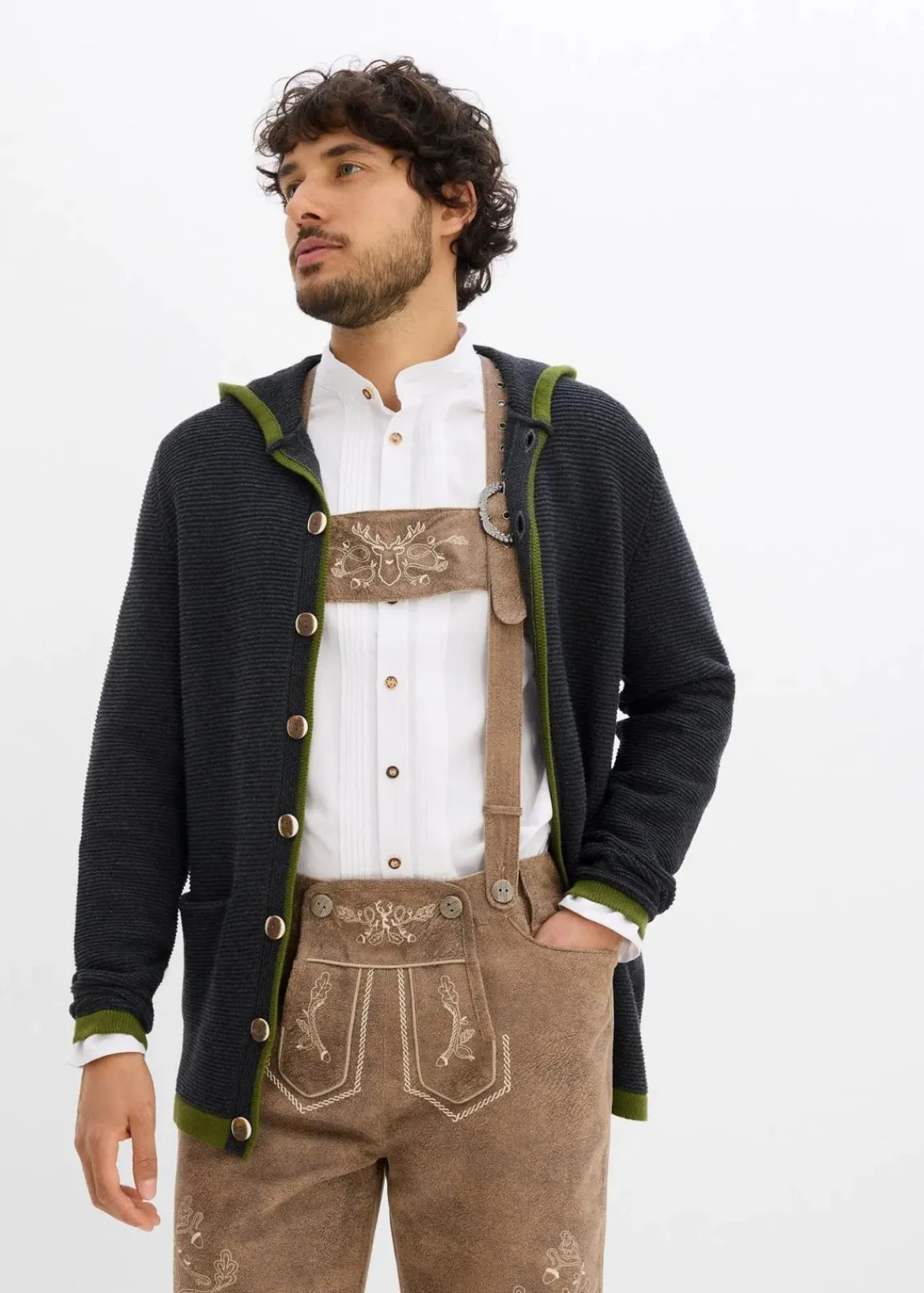 bonprix Trachtenmode|Pullover & Strickjacken|Trachten-Strickjacke mit Kapuze aus weichem Baumwollmix anthrazit meliert