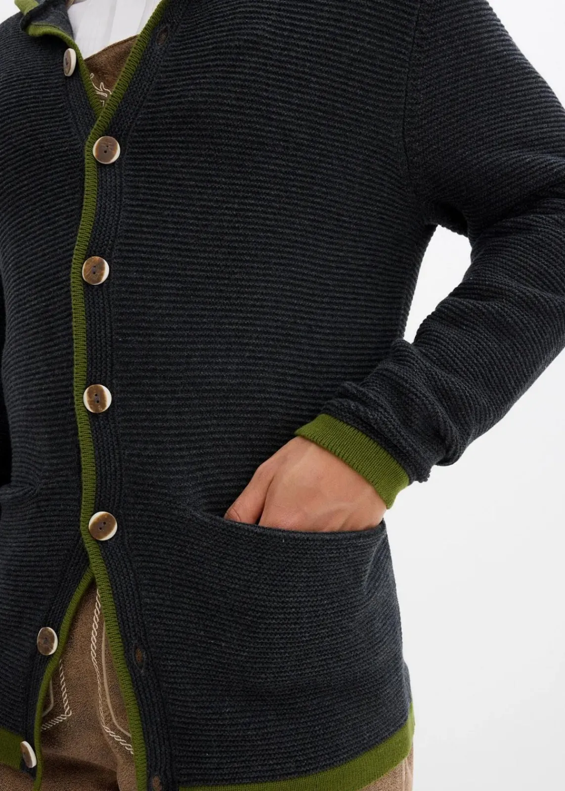 bonprix Trachtenmode|Pullover & Strickjacken|Trachten-Strickjacke mit Kapuze aus weichem Baumwollmix anthrazit meliert