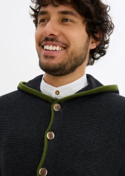 bonprix Trachtenmode|Pullover & Strickjacken|Trachten-Strickjacke mit Kapuze aus weichem Baumwollmix anthrazit meliert