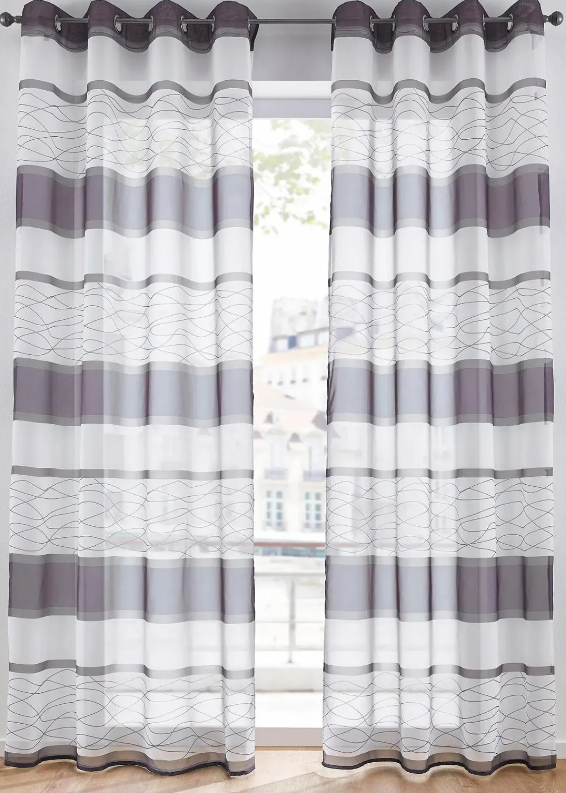 bonprix Gardinen|Transparente Gardine mit Querstreifen Druck (1er Pack) grau