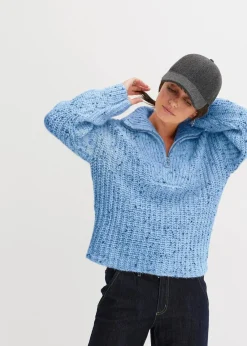bonprix Bekleidung·Jeans|Pullover & Strickjacken|Troyer mit überschnittener Schulter brilliantblau/wollweiß/dunkelblau meliert