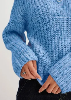 bonprix Bekleidung·Jeans|Pullover & Strickjacken|Troyer mit überschnittener Schulter brilliantblau/wollweiß/dunkelblau meliert