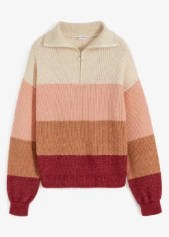 bonprix Bekleidung·Jeans|Pullover & Strickjacken|Troyer Pullover creme/altrosa/bordeaux quer gestreift