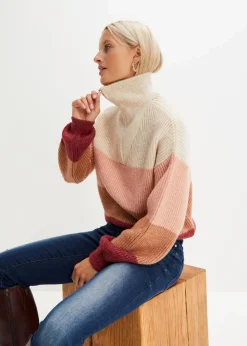 bonprix Bekleidung·Jeans|Pullover & Strickjacken|Troyer Pullover creme/altrosa/bordeaux quer gestreift