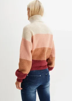 bonprix Bekleidung·Jeans|Pullover & Strickjacken|Troyer Pullover creme/altrosa/bordeaux quer gestreift