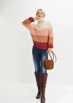 bonprix Bekleidung·Jeans|Pullover & Strickjacken|Troyer Pullover creme/altrosa/bordeaux quer gestreift
