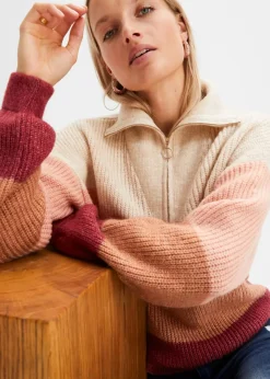bonprix Bekleidung·Jeans|Pullover & Strickjacken|Troyer Pullover creme/altrosa/bordeaux quer gestreift