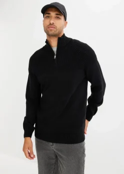 bonprix Pullover & Strickjacken|Basics|Troyer Pullover aus weichem Baumwollmix schwarz