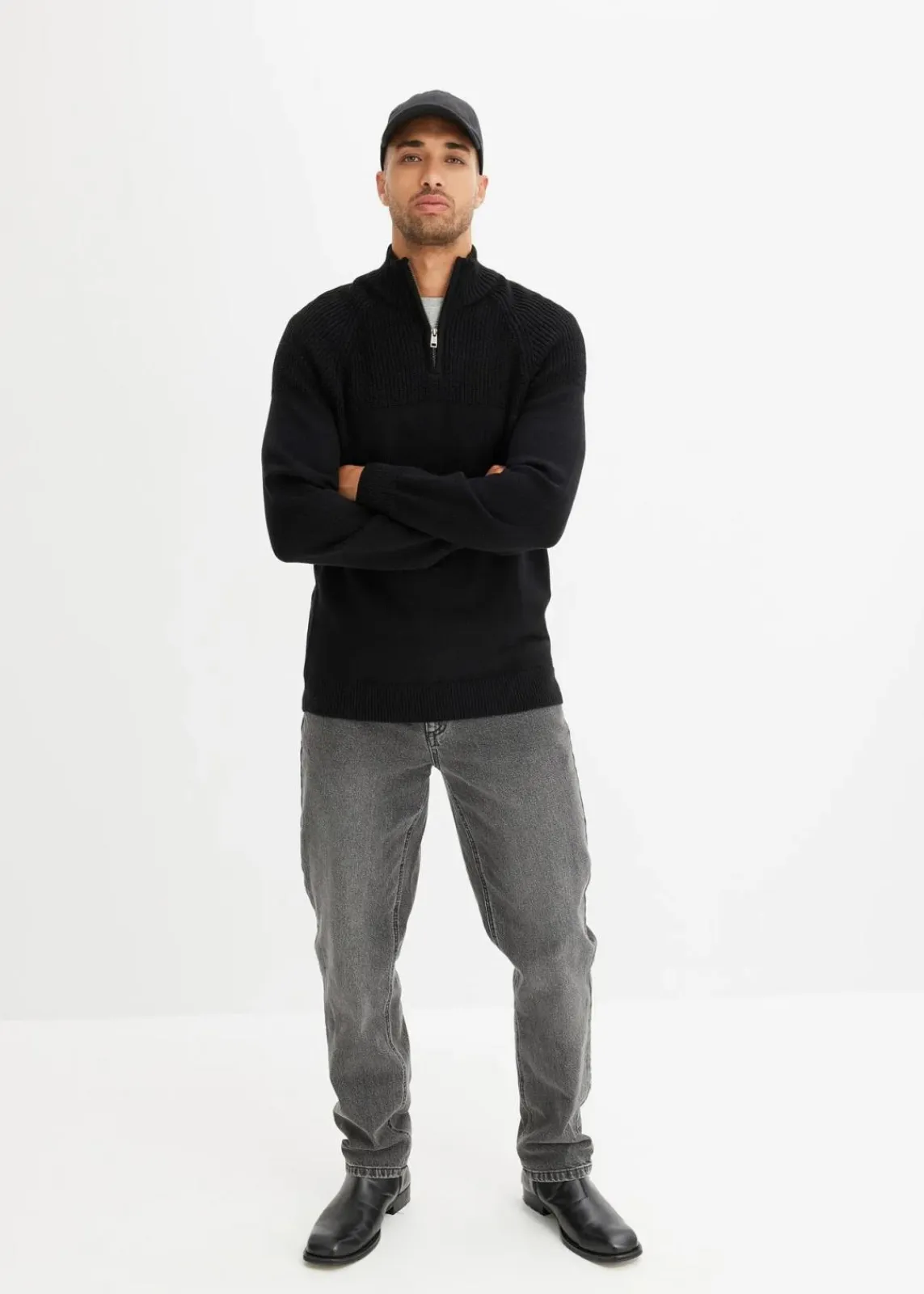 bonprix Pullover & Strickjacken|Basics|Troyer Pullover aus weichem Baumwollmix schwarz