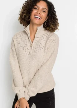 bonprix Bekleidung·Jeans|Pullover & Strickjacken|Troyer Pullover mit Ajourmuster sand
