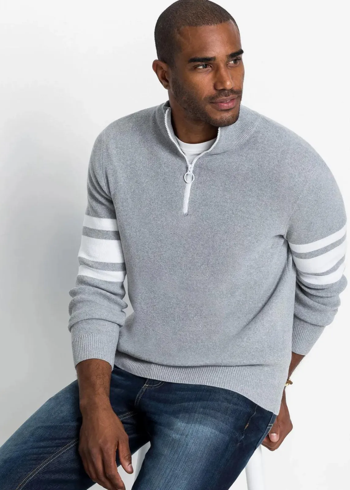 bonprix Pullover & Strickjacken|Große Größen|Troyer Pullover mit recycelter Baumwolle hellgrau meliert