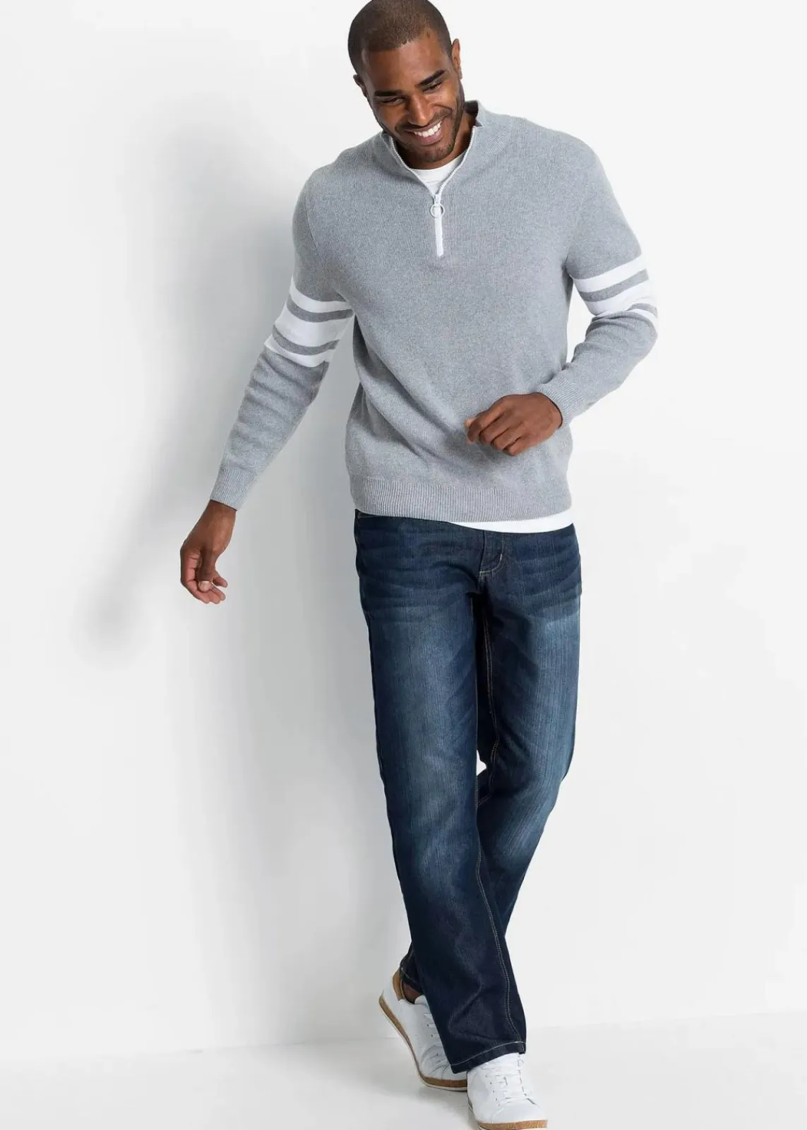 bonprix Pullover & Strickjacken|Große Größen|Troyer Pullover mit recycelter Baumwolle hellgrau meliert