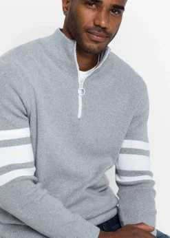 bonprix Pullover & Strickjacken|Große Größen|Troyer Pullover mit recycelter Baumwolle hellgrau meliert