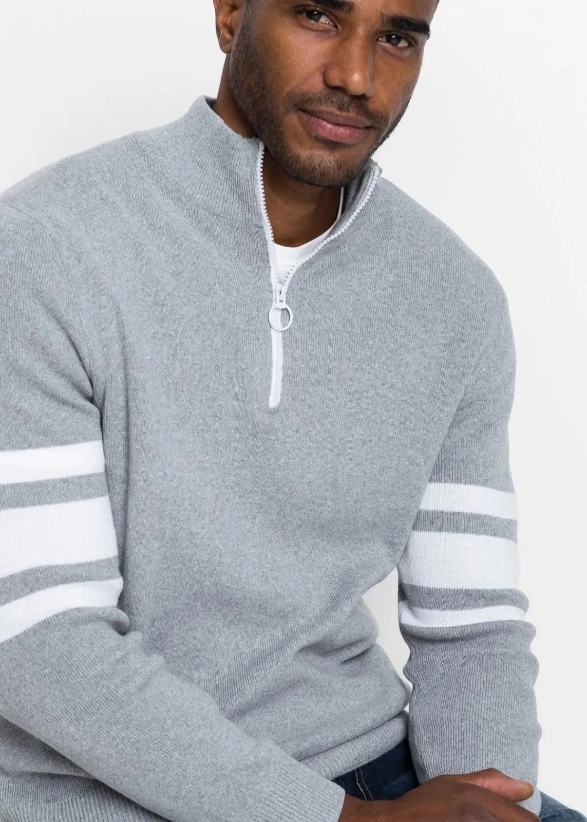 bonprix Pullover & Strickjacken|Große Größen|Troyer Pullover mit recycelter Baumwolle hellgrau meliert