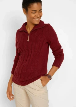bonprix Pullover & Strickjacken|Troyer Pullover mit Zopfmuster kastanienrot