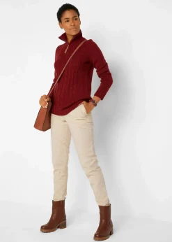 bonprix Pullover & Strickjacken|Troyer Pullover mit Zopfmuster kastanienrot
