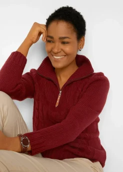 bonprix Pullover & Strickjacken|Troyer Pullover mit Zopfmuster kastanienrot