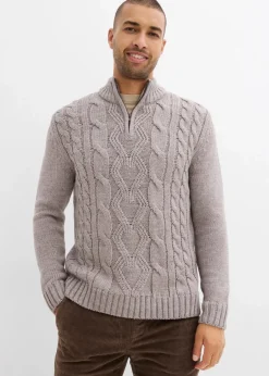 bonprix Große Größen|Pullover & Strickjacken|Troyer Pullover mit Zopfmuster grau meliert