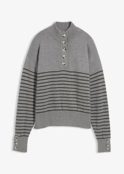 bonprix Bekleidung·Jeans|Pullover & Strickjacken|Troyer-Pullover grau meliert/anthrazit gestreift