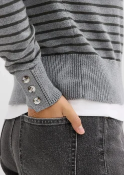 bonprix Bekleidung·Jeans|Pullover & Strickjacken|Troyer-Pullover grau meliert/anthrazit gestreift