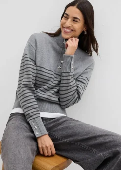 bonprix Bekleidung·Jeans|Pullover & Strickjacken|Troyer-Pullover grau meliert/anthrazit gestreift