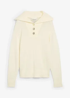 bonprix Pullover & Strickjacken|Bekleidung·Jeans|Troyer-Pullover aus Merinowolle wollweiß