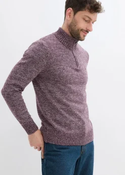bonprix Pullover & Strickjacken|Basics|Troyer-Pullover mit reiner Baumwolle weinrot/weiß meliert