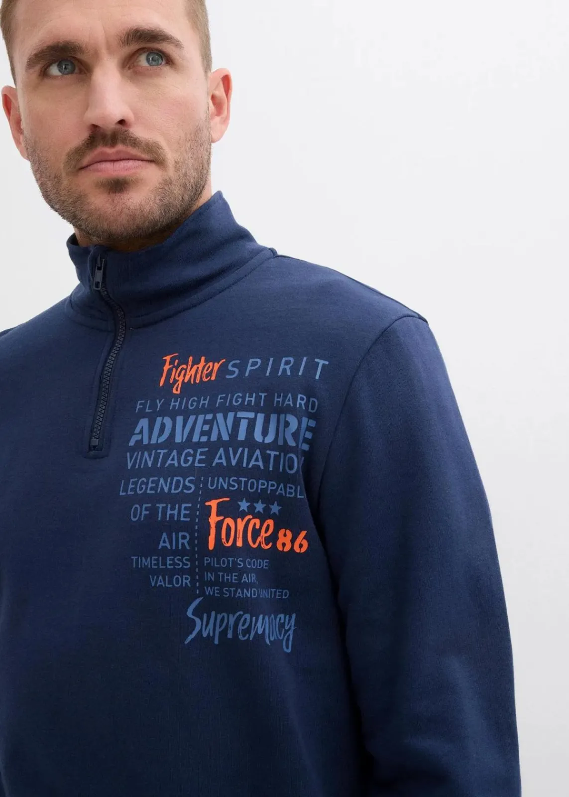 bonprix Große Größen|Sweat|Troyer-Sweatshirt aus reiner Bio-Baumwolle dunkelblau bedruckt