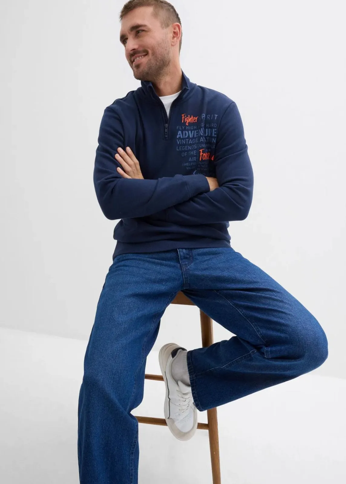 bonprix Große Größen|Sweat|Troyer-Sweatshirt aus reiner Bio-Baumwolle dunkelblau bedruckt