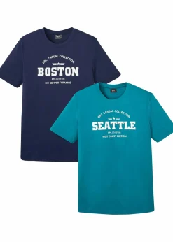 bonprix Große Größen|Shirts & Polos|T-Shirt aus reiner Baumwolle (2er Pack) dunkelblau bedruckt+kobalttürkis bedruckt