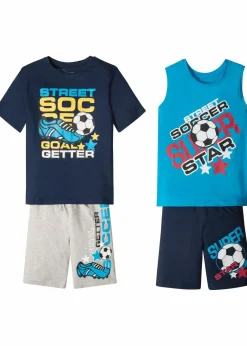 bonprix Jungen 9-16 Jahre·Shorts|Jungen 9-16 Jahre·Shirts|T-Shirt + Tanktop + Bermudas (4-tlg. Set) dunkelblau/türkis/grau bedruckt