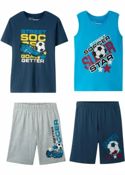 bonprix Jungen 9-16 Jahre·Shorts|Jungen 9-16 Jahre·Shirts|T-Shirt + Tanktop + Bermudas (4-tlg. Set) dunkelblau/türkis/grau bedruckt