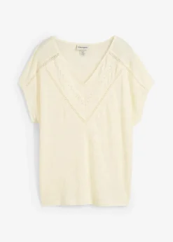 bonprix Nachhaltigere Materialien|Shirts & Tops|T-Shirt aus reinem Leinen mit Spitze wollweiß