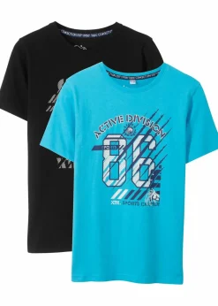 bonprix Jungen 9-16 Jahre·Mehrfachpacks|Jungen 9-16 Jahre·Shirts|T-Shirt aus reiner Bio-Baumwolle (2er Pack) schwarz+karibikblau bedruckt