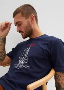 bonprix Große Größen|Shirts & Polos|T-Shirt aus reiner Bio-Baumwolle (2er Pack) dunkelblau+abendrot bedruckt