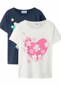 bonprix Mädchen 9-16 Jahre·Mehrfachpacks|Mädchen 9-16 Jahre·Shirts & Blusen|T-Shirt aus reiner Bio-Baumwolle(2er Pack) wollweiß + dunkelblau