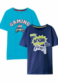 bonprix Jungen 9-16 Jahre·Mehrfachpacks|Jungen 9-16 Jahre·Shirts|T-Shirt aus reiner Bio-Baumwolle (2er Pack) dunkelblau+karibikblau bedruckt