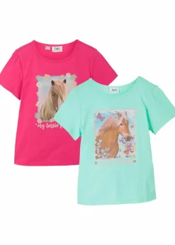bonprix Mädchen 2-8 Jahre·Nachhaltigere Materialien|Mädchen 9-16 Jahre·Nachhaltigere Materialien|T-Shirt aus reiner Bio-Baumwolle (2er Pack) hellmint + dunkelpink