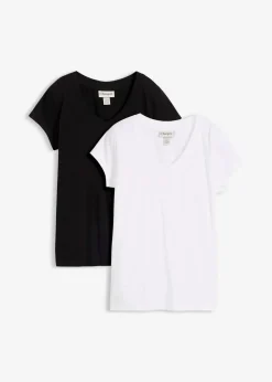 bonprix Bekleidung·Röcke|Nachhaltigere Materialien|T-Shirt aus reiner Bio-Baumwolle (2er Pack) schwarz/weiß