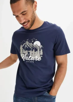 bonprix Große Größen|Sportbekleidung|T-Shirt aus reiner Bio-Baumwolle dunkelblau bedruckt