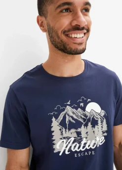 bonprix Große Größen|Sportbekleidung|T-Shirt aus reiner Bio-Baumwolle dunkelblau bedruckt