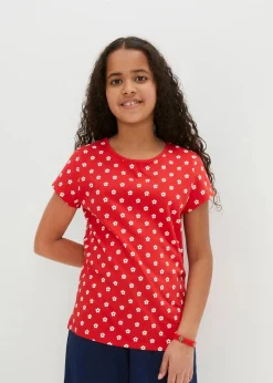 bonprix Mädchen 2-8 Jahre·Nachhaltigere Materialien|Mädchen 9-16 Jahre·Nachhaltigere Materialien|T-Shirt aus reiner Bio-Baumwolle (2er Pack) erdbeere+weiß geblümt