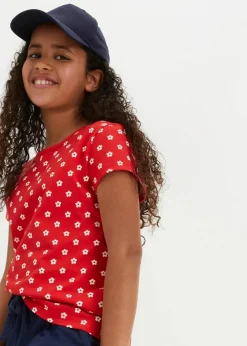 bonprix Mädchen 2-8 Jahre·Nachhaltigere Materialien|Mädchen 9-16 Jahre·Nachhaltigere Materialien|T-Shirt aus reiner Bio-Baumwolle (2er Pack) erdbeere+weiß geblümt