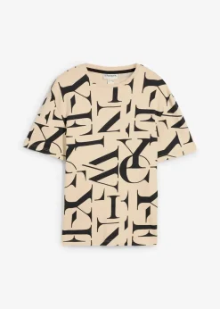 bonprix Große Größen|Shirts & Polos|T-Shirt aus schwerer, reiner Bio-Baumwolle hellsand/schwarz bedruckt