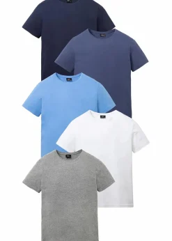 bonprix Shirts & Polos|Sportbekleidung|T-Shirt (5er Pack) weiß + grau meliert + mittelblau + indigo + dunkelblau