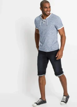 bonprix Große Größen|Shirts & Polos|T-Shirt mit Schnürung aus Bio-Baumwolle dunkelblau/wollweiß meliert