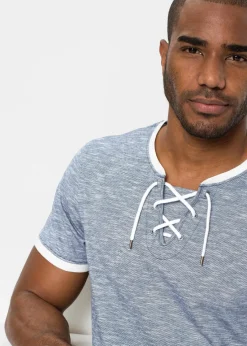 bonprix Große Größen|Shirts & Polos|T-Shirt mit Schnürung aus Bio-Baumwolle dunkelblau/wollweiß meliert