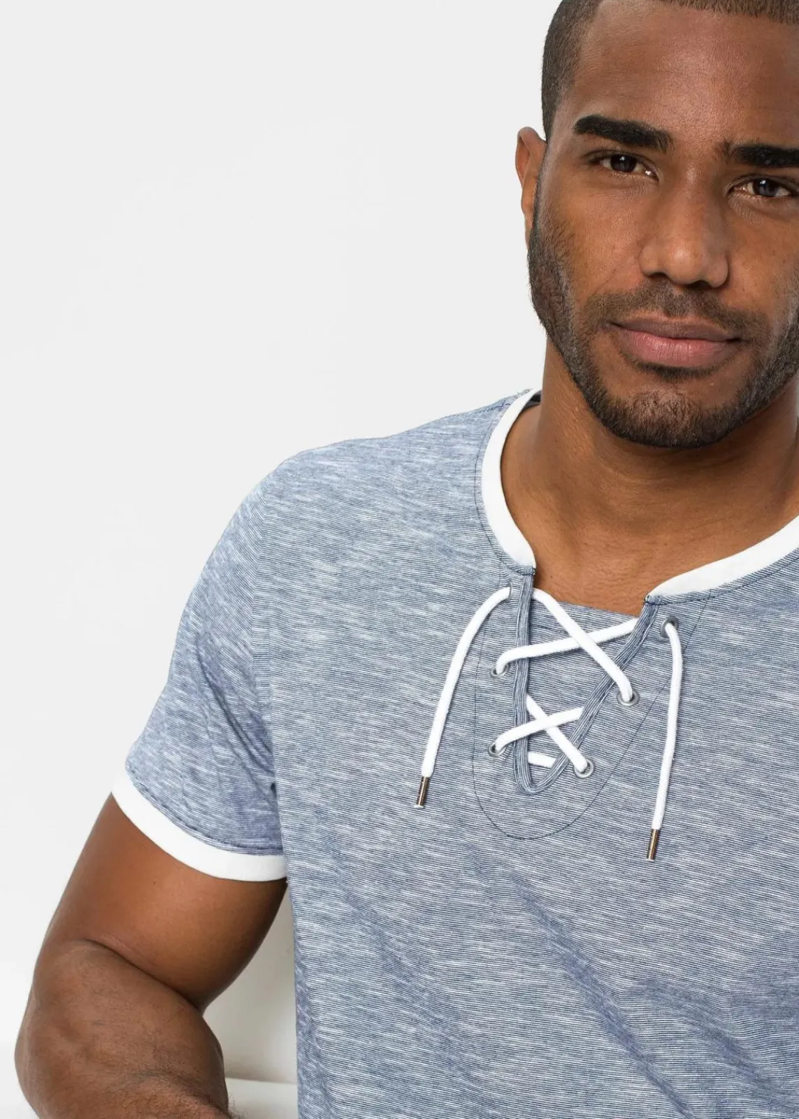 bonprix Große Größen|Shirts & Polos|T-Shirt mit Schnürung aus Bio-Baumwolle dunkelblau/wollweiß meliert