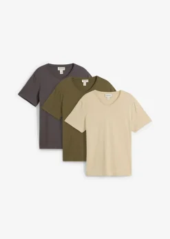 bonprix Shirts & Polos|Basics|T-Shirt mit V-Ausschnitt (3er Pack) mattschilf+dunkeloliv+anthrazit